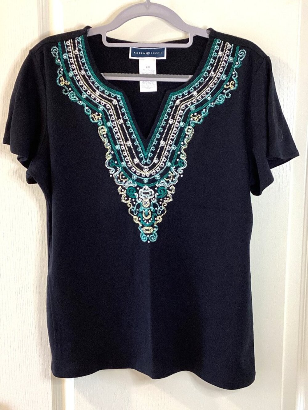 Karen Scott Women's Black w Teal / Gold Embroidery Top Short Sleeve Size M